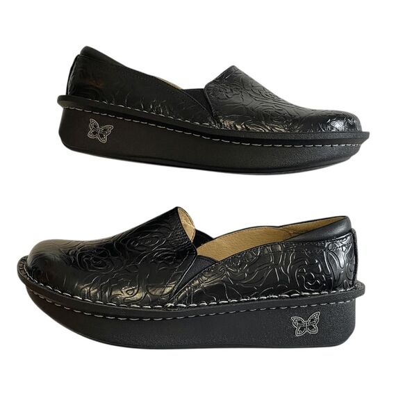 Alegria Debra Clog Professional Women EU 38 Black Leather Embossed Rose Shoes - Picture 6 of 7